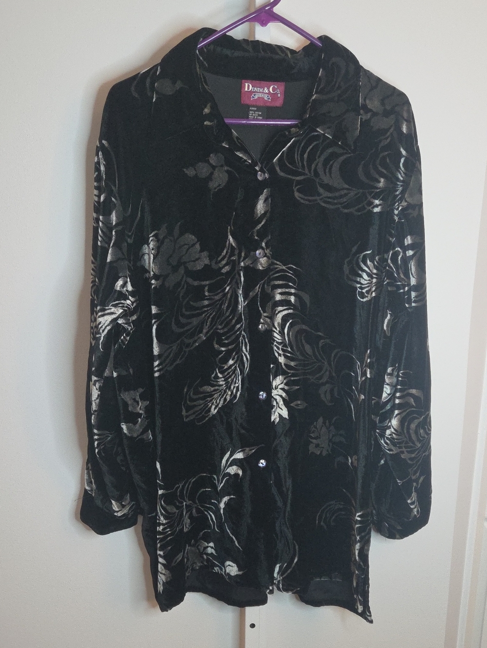 Vintage Denim & Co Velvet Burnout Floral Button Front Shirt Jacket Black L XL